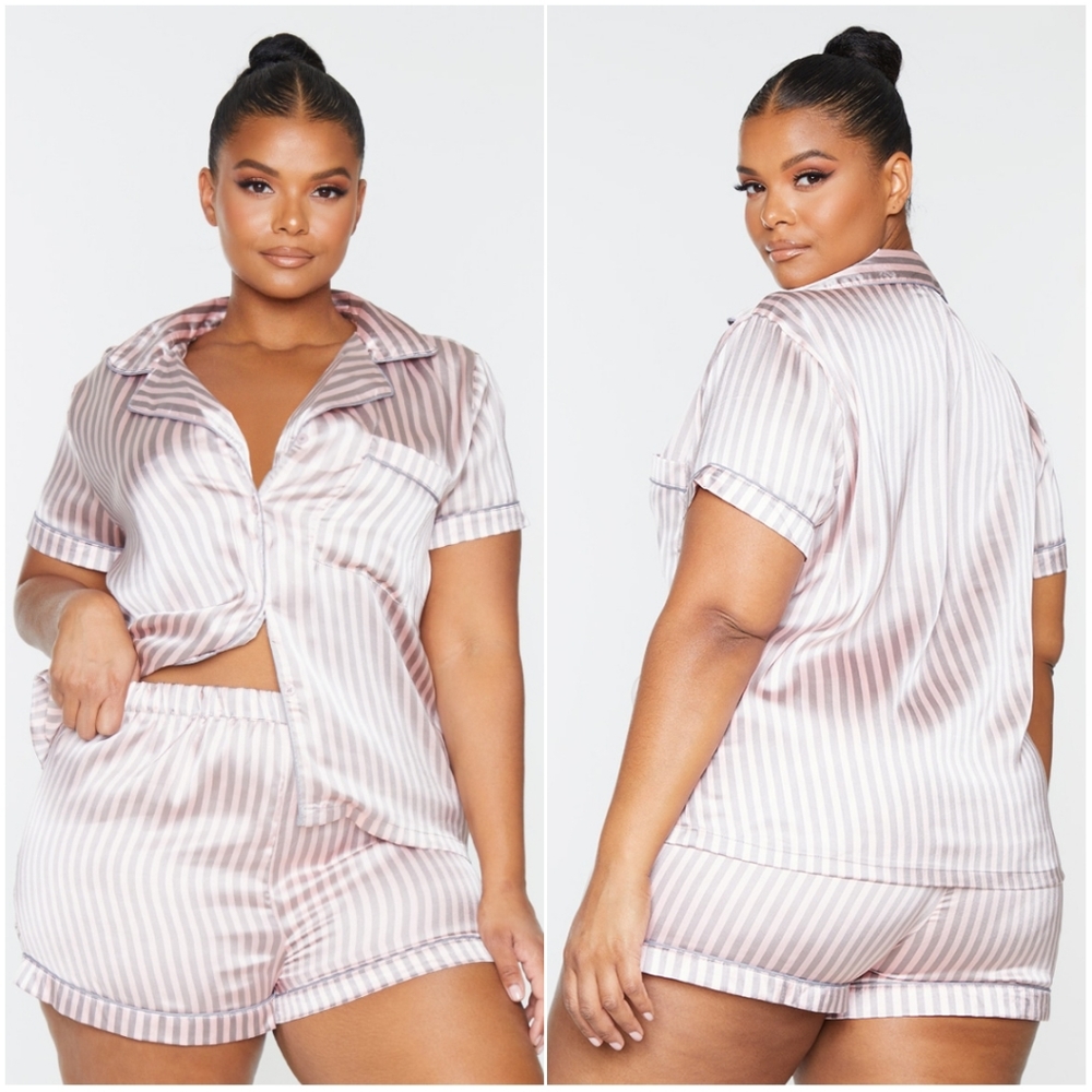 PrettyLittleThing Satin Stripe Pajama Set Pink Gray 16 NWT